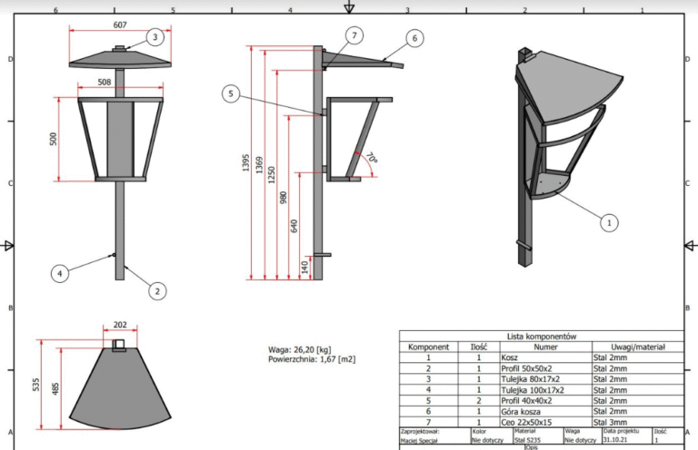 Kosz uliczny z daszkiem – projekt 3D i dokumentacja techniczna
